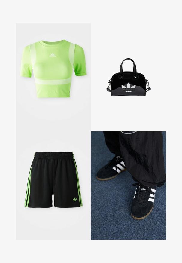 Kurzes sportliches Shirt aus leuchtend grünem Stoff. Mit kurzen Ärmeln, Rundhalsausschnitt und weißem diagonalen Streifenmuster auf den Schultern. adidas-Logo auf der Vorderseite.; Schwarze Sportshorts mit einem Kordelzugbund, die auf jeder Seite drei vertikale grüne Streifen und das grüne Adidas-Logo aufweisen.; Schwarze Wildleder-Sportschuhe mit drei weißen Streifen und schwarzen Schnürsenkeln. Eine strukturierte schwarze Hose ist teilweise neben den Schuhen sichtbar.; Schwarze Handtasche aus Lackleder mit abgerundeter Form, doppelten Tragegriffen, silbernen Akzenten und einem auffälligen weißen Logo auf der Vorderseite.