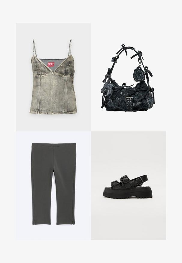 Lichte grijze denim tanktop met verstelbare spaghettibandjes, v-hals ontwerp, zichtbare naden en een rode 'DIESEL' label bij de halslijn.; Donkergrijze cropped legging met een brede tailleband en kleine zijsplitjes aan de zoom, plat gelegd op een lichte achtergrond.; Zwarte plateau-sandalen met drie verstelbare gespbanden, een gestructureerde zool en een gladde bovenkant. Ontworpen met een stevige, chunky silhouet.; Desigual MARÍA ESCOTÉ - Handtas - black