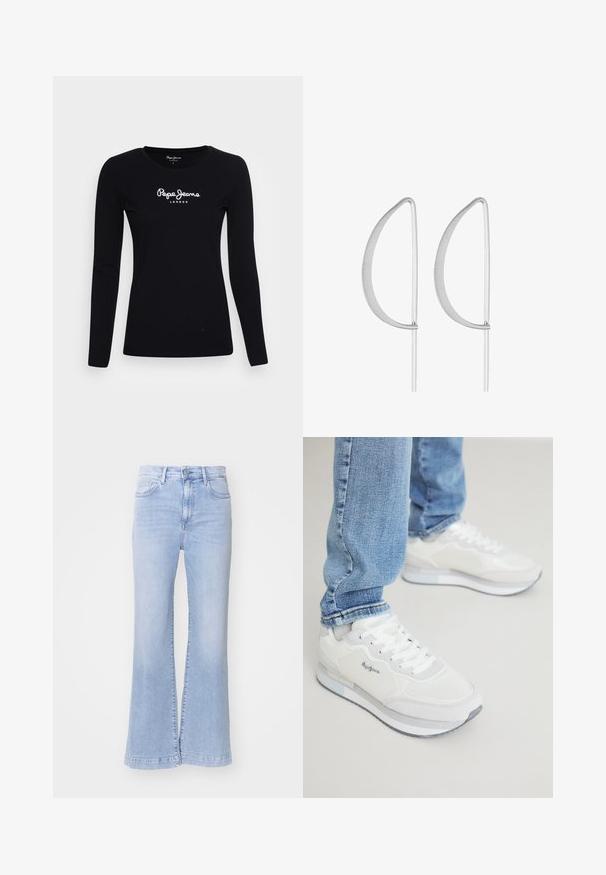 Zwarte langwerpige T-shirt van katoen, met een ronde halslijn en een wit "Pepe Jeans LONDON" logo in het midden.; Lichtblauwe uitlopende jeans met een hoge taille, denim structuur, voorzakken en een knoopsluiting. Schone afwerking aan de zoom.; Witte sportieve sneakers met een gestructureerde, gladde afwerking, voorzien van veters en een grijze rubberen buitenzool. Gecombineerd met lichte, taps toelopende blauwe jeans.; Zilveren metalen oorbellen met een minimalistisch gebogen ontwerp, met uitgerekte, open druppelvormen en een matte afwerking.