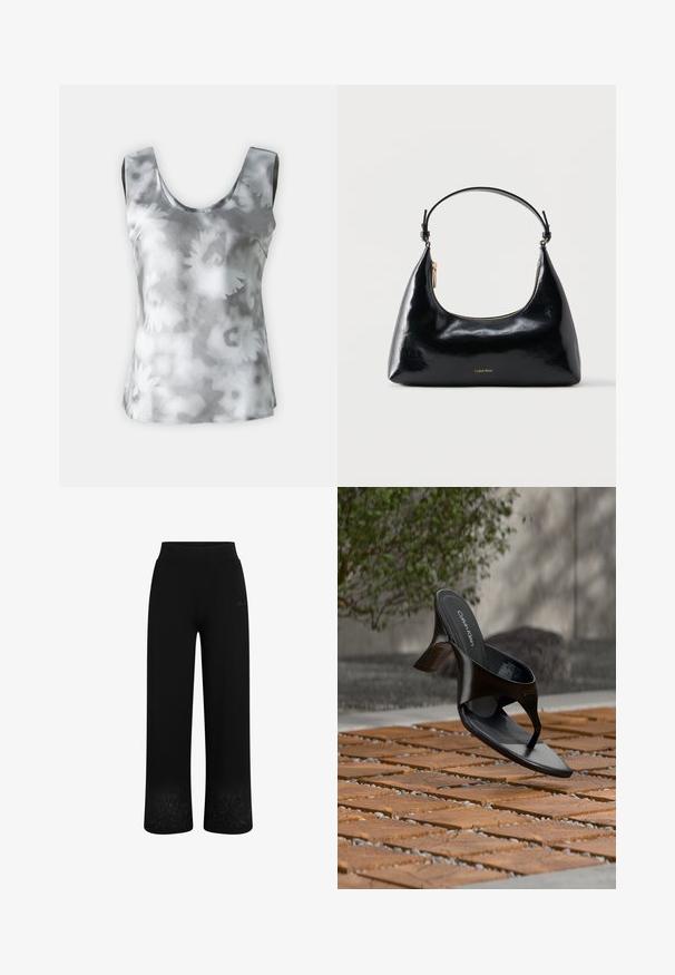 Ærmeløs top i grå og hvid blomsterprint, lavet af glat stof med rund halsudskæring og minimalistisk design.; Sorte sweatpants med vidde ben, elastisk talje og blomsterbroderi nederst. Fremstillet af blødt, strækbart stof.; Sort Calvin Klein hæl-sandal med åben tå, der svæver over en udendørs flisebelagt overflade med grønne planter og en betonvæg i baggrunden.; Sort blank Calvin Klein håndtaske med gyldent lynlås og kort rem mod en ensfarvet hvid baggrund.