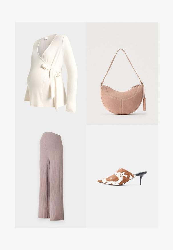 Top de embarazo envolvente de canalé color crema con mangas largas y cierre con lazo lateral sobre fondo blanco.; Pantalones de pierna ancha de color rosa claro, acanalados, con una cinturilla sin costuras, que presentan un tejido suave y texturizado y una silueta relajada.; Zueco de punta puntiaguda con parte superior de estampado de vaca marrón y blanco y tacón de aguja alto y delgado en negro sobre un fondo gris claro.; Bolso de mano de ante rosa con forma curva de media luna, una sola correa y cierre de cremallera. Presenta detalles de costuras y un adorno de borla.