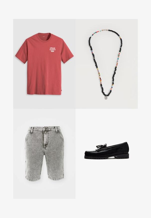 Rotes Baumwoll-T-Shirt mit kurzen Ärmeln und Rundhalsausschnitt, mit weißem Text "HOUSE PLANT'S" über einem Levi's-Logo auf der linken Brust.; Graue Denim-Shorts mit klassischem Schnitt, ausgestattet mit fünf Taschen, Gürtelschlaufen und einem ausgewaschenen Look; keine auffälligen Abnutzungen oder Muster.; Schwarzer Leder-Slipper mit Quasten-Detail, dicker robuster Sohle und geprägtseitlichem Logo, im Profil vor weißem Hintergrund gezeigt.; Halskette mit abwechselnden schwarzen und mehrfarbigen Perlen, kleinen Silberringen und einem rechteckigen klaren Perlenanhänger.