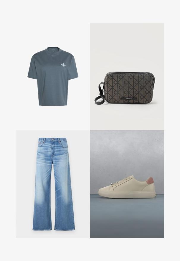 Camiseta Calvin Klein de manga corta en gris oscuro con cuello redondo y pequeño logo blanco de CK en el pecho izquierdo.; Calvin Klein Jeans LOW RISE BAGGY - Vaqueros boyfriend - diamond cove; Zapatilla de color crema con lengüeta trasera rosa, cordones beige y parte superior lisa, suspendida sobre un suelo de baldosas de madera con espacios de grava al aire libre.; Bolso bandolera rectangular Calvin Klein con patrón de logo negro, cremallera negra y correa negra ajustable sobre fondo blanco.
