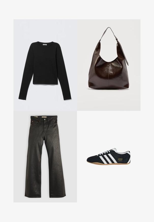 Must pikkade varrukatega kaelusega särk, millel on kaela juures "Weekday" silt, esitatuna ühevärvilisel heledal hallil taustal.; Mustad denim laiade jalatsid, millel on sile tekstuur, viie taskuga ja pronksist detailid. Klassikaline nööp-kinnitus.; Must musta tennisjalanikesed valgete kolme triibuga, kuldse logo ja pruuni kummitaldiga. Omab madalat sidumise disaini.; Tumepruun läikiva nahaga õlakott, millel on üks lai rihm ja ühelt poolt pandlaga detail, taustal hele ühevärviline taust.