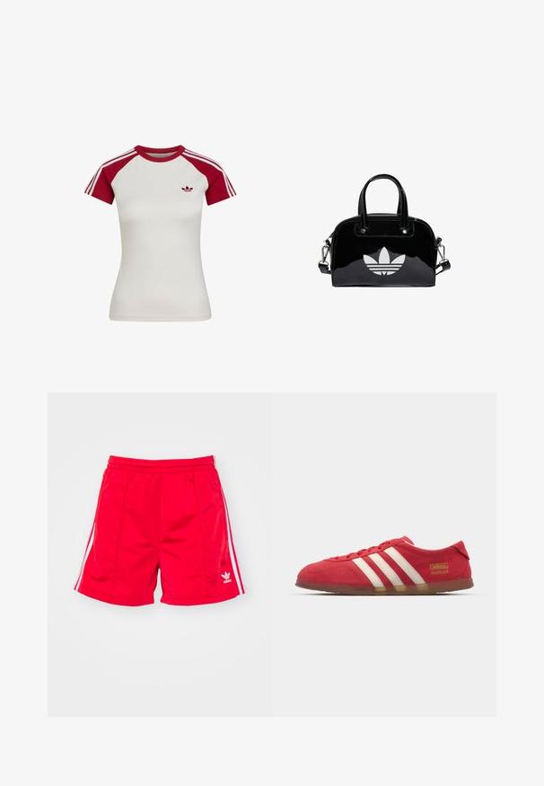 Wit aangesloten sportshirt met korte mouwen, rode raglanmouwen, rode kraag, drie witte strepen op de mouwen en klein logo op de linkerborst.; Rode sportieve shorts met een elastische tailleband, voorzien van witte zijstreepjes en een geborduurd logo aan de onderste linkerkant. Glad textuur.; Rode suède sneakers met wit drie-streepdesign, platte zool en gouden logo-detail. Laag uitgesneden ontwerp met ronde neus en vetersluiting.; Zwarte gepatenteerde leren handtas met een afgeronde vorm, dubbele handvaten bovenaan, zilveren accenten en een opvallend wit logo aan de voorkant.