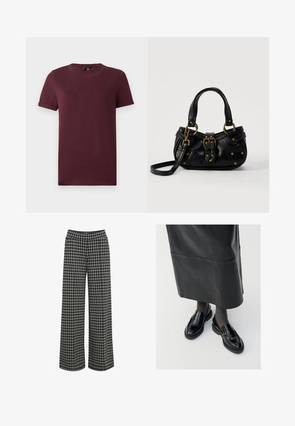 Camiseta burdeos de algodón suave, con cuello redondo, mangas cortas y un corte relajado, con una textura lisa y sin patrones visibles.; ICHI IHKATE - Pantalones - vetiver; Mocasines de cuero negro con un acabado suave, que presentan una tira decorativa, puntera redonda y suela texturizada. Llevados con una falda larga de cuero negro.; Bolso de cuero negro con hebilla y detalles de remaches dorados, asas cortas y una correa de hombro ajustable sobre un fondo blanco liso.