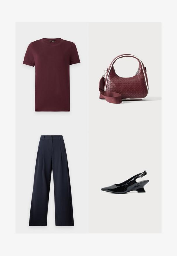 T-shirt bordeaux en coton doux, doté d'un col rond, de manches courtes et d'une coupe décontractée avec une texture lisse et sans motifs visibles.; Pantalons larges navy avec une texture lisse, présentant des plis avant et une taille classique, conçu pour un ajustement décontracté.; Chaussure slingback en cuir verni noir avec bout pointu et petit talon bloc incliné sur fond clair uni.; Sac à main en cuir tressé marron foncé avec poignée courbée, garniture blanche, fermeture éclair argentée et bandoulière large en tissu amovible sur fond uni.