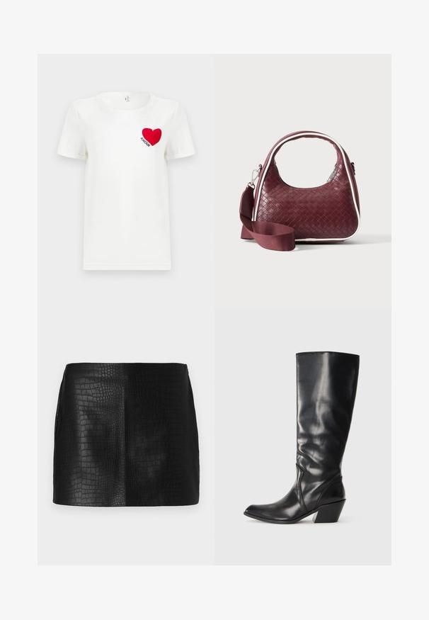 T-shirt blanc à manches courtes avec un cœur rouge et le mot "AMOUR" imprimé sur la zone gauche de la poitrine.; Mini jupe en simili cuir noir avec un motif crocodile texturé, présentant une finition lisse et une coupe ajustée sans accessoires visibles.; Botte en cuir noir montante jusqu'au genou avec un bout pointu, un talon angulaire et une texture lisse. Présente une subtile couture sur le côté.; Sac à main en cuir tressé marron foncé avec poignée courbée, garniture blanche, fermeture éclair argentée et bandoulière large en tissu amovible sur fond uni.