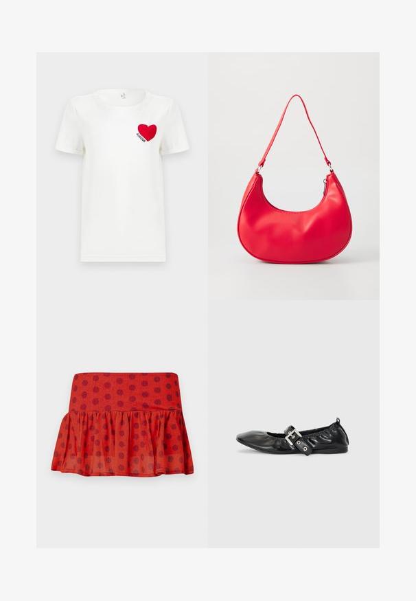 Camiseta blanca de manga corta con un corazón rojo y la palabra "AMOUR" impresa en el área del pecho izquierdo.; Falda roja con volantes y lunares negros, hecha de un tejido ligero. Presenta una cinturilla ajustada y un diseño de capas.; Zapato plano de piel negra con puntera afilada, detalle fruncido alrededor de la abertura y un acento de hebilla plateada en la correa ajustable.; Bolso de hombro de piel sintética roja con forma curvada, correa delgada y cierre de cremallera. Textura suave con detalles de costura visibles.