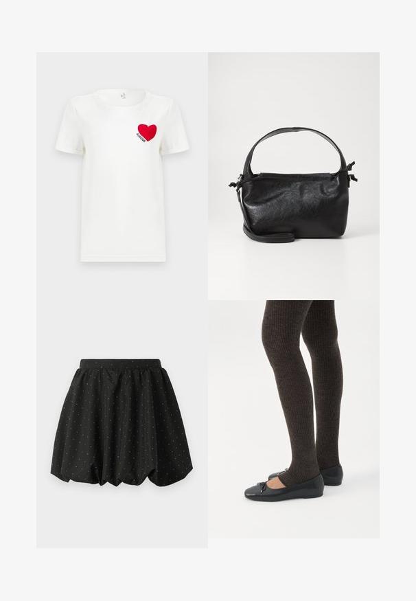 T-shirt blanc à manches courtes avec un cœur rouge et le mot "AMOUR" imprimé sur la zone gauche de la poitrine.; Jupe bulle noire avec une taille élastique et un motif de pois blancs. Fabriquée en tissu léger, elle présente un design volumineux et un ourlet arrondi.; Jambes portant des leggings côtelés foncés associés à des ballerines noires avec de petits détails en nœud sur fond blanc.; Sac à main en cuir noir au design structuré, avec une poignée arrondie et une bandoulière amovible. Présente une texture lisse et un éclat subtil.
