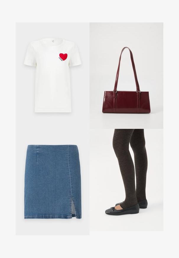 T-shirt blanc à manches courtes avec un cœur rouge et le mot "AMOUR" imprimé sur la zone gauche de la poitrine.; Jupe en denim mini en bleu moyen, avec une coupe droite, une légère fente sur le côté et des coutures propres le long de l'ourlet et des coutures.; Jambes portant des leggings côtelés foncés associés à des ballerines noires avec de petits détails en nœud sur fond blanc.; Sac à main bordeaux en matériau brillant, de forme rectangulaire, avec deux anses et des accents légèrement courbés à l'avant.