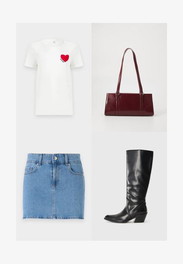Camiseta blanca de manga corta con un corazón rojo y la palabra "AMOUR" impresa en el área del pecho izquierdo.; Falda mini de denim en azul claro. Características de un diseño ajustado, estilo de cinco bolsillos, cierre de botón y dobladillo recto con un ligero deshilachado.; Bota de cuero negra hasta la rodilla con punta afilada, tacón angular y textura suave. Presenta un sutil acento de costura a lo largo del costado.; Bolso burdeos hecho de material brillante, de forma rectangular, con dos asas para el hombro y sutiles acentos curvados en la parte frontal.