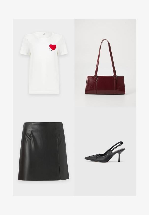 Witte T-shirt met korte mouwen met een rode hart en het woord "AMOUR" gedrukt op de linkerkant van de borst.; Zwarte leren mini-jurk met een rechte snit, een soepele textuur en een zijrits met een splitdetail aan één kant.; Zwarte leren slingback stiletto met spitse neus, zijgesp met gesp, studs langs de rand en decoratieve veters aan de voorkant.; Bourgondische handtas van glanzend materiaal, rechthoekige vorm, met twee schouderbanden en subtiele gebogen accenten aan de voorkant.