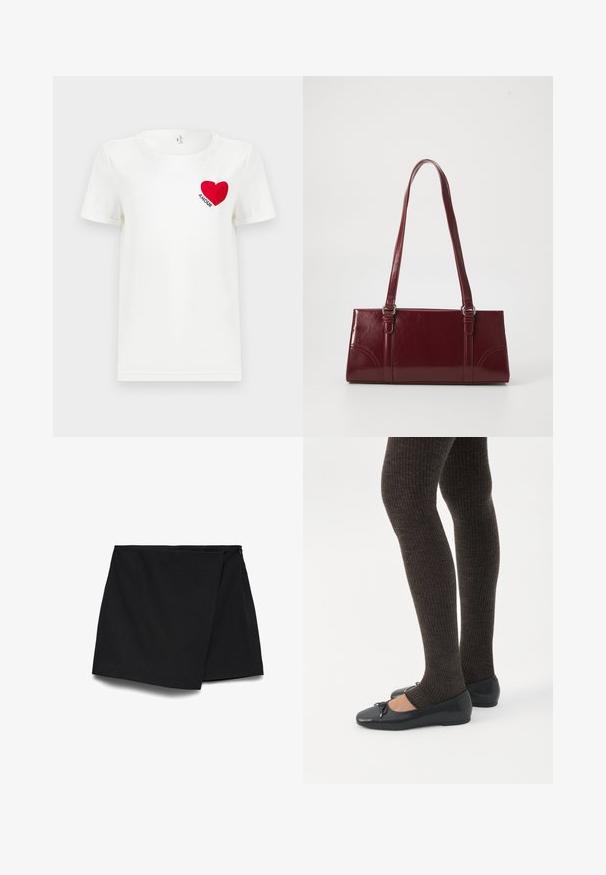 T-shirt blanc à manches courtes avec un cœur rouge et le mot "AMOUR" imprimé sur la zone gauche de la poitrine.; Mini-jupe asymétrique noire avec devant drapé et fermeture éclair latérale.; Jambes portant des leggings côtelés foncés associés à des ballerines noires avec de petits détails en nœud sur fond blanc.; Sac à main bordeaux en matériau brillant, de forme rectangulaire, avec deux anses et des accents légèrement courbés à l'avant.