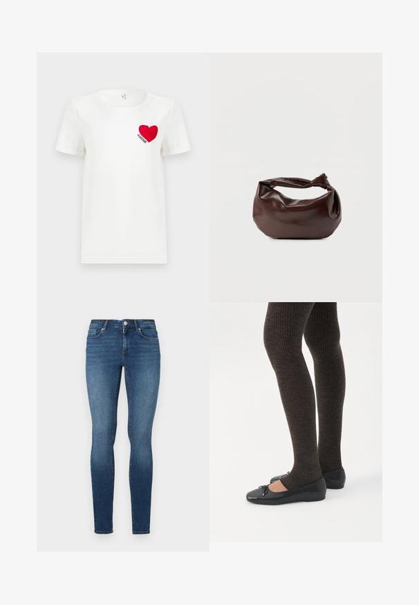 Witte T-shirt met korte mouwen met een rode hart en het woord "AMOUR" gedrukt op de linkerkant van de borst.; Skinny jeans in donkerblauwe denim, met vijf zakken, een knoopsluiting en een rits. De stof heeft een gladde textuur met een lichte vervaging.; Benen met donkere geribbelde leggings gecombineerd met zwarte ballerina's met kleine strikdetails op een witte achtergrond.; Donkerbruine leren schoudertas met een zachte, slungelige vorm en een gedraaide knoopvormige handgreep op een effen witte achtergrond.