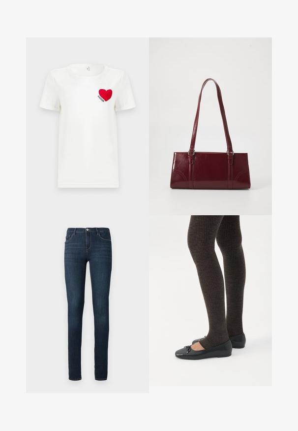Witte T-shirt met korte mouwen met een rode hart en het woord "AMOUR" gedrukt op de linkerkant van de borst.; Donkerblauwe slim-fit jeans met voor- en achterzakken, knoopsluiting en een subtiele vervaging op de dijen.; Benen met donkere geribbelde leggings gecombineerd met zwarte ballerina's met kleine strikdetails op een witte achtergrond.; Bourgondische handtas van glanzend materiaal, rechthoekige vorm, met twee schouderbanden en subtiele gebogen accenten aan de voorkant.