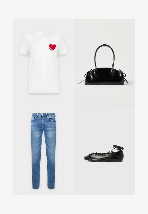 Hvid T-shirt med korte ærmer, prydet med et rødt hjerte og ordet "AMOUR" trykt på venstre bryst.; Lyseblå denimjeans med slim fit. Funktioner inkluderer en knaplukning, fem lommer og en slidseffekt på lårene.; Sorte balletflade sko i laklæder med rundet tå, snørelukning og flad sål. Glat tekstur med få detaljer.; Lille sort blank håndtaske med to lange håndtag og snøre-detaljer i siden på en ensfarvet lys baggrund.