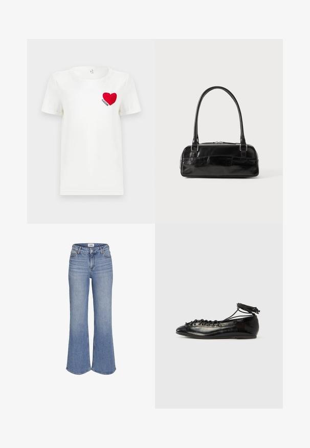 Witte T-shirt met korte mouwen met een rode hart en het woord "AMOUR" gedrukt op de linkerkant van de borst.; Lichtblauwe spijkerbroek met hoge taille, uitlopende pijpen en knoopsluiting aan de voorkant.; Zwarte ballerina's van lakleer met een afgeronde neus, veterdesign en een platte zool. Glad oppervlak met minimale details.; Zwarte leren handtas met een rechthoekige vorm, voorzien van een enkele gestructureerde handgreep, zilveren hardware en ritsluiting. Gladde textuur.
