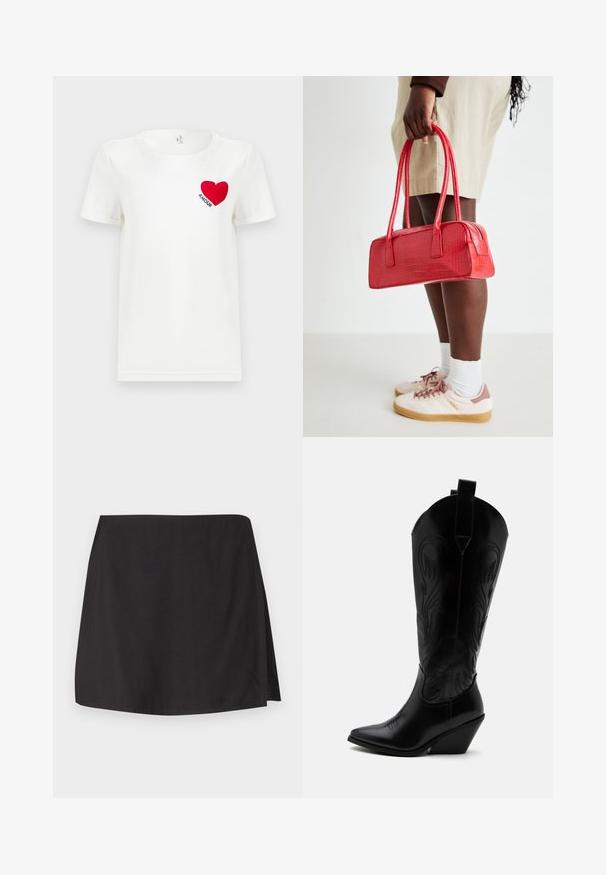 Camiseta blanca de manga corta con un corazón rojo y la palabra "AMOUR" impresa en el área del pecho izquierdo.; Falda negra de tejido suave, con un corte recto y una abertura en un lado. Diseño sencillo sin patrones ni adornos.; Bota de vaquero de cuero negro con punta puntiaguda, tacón bloqueado inclinado, costuras decorativas y lengüetas en la parte superior sobre fondo blanco.; Bolso de mano rojo con diseño de cocodrilo en relieve, con dos asas y cierre de cremallera. Forma rectangular, textura suave y acabado brillante.