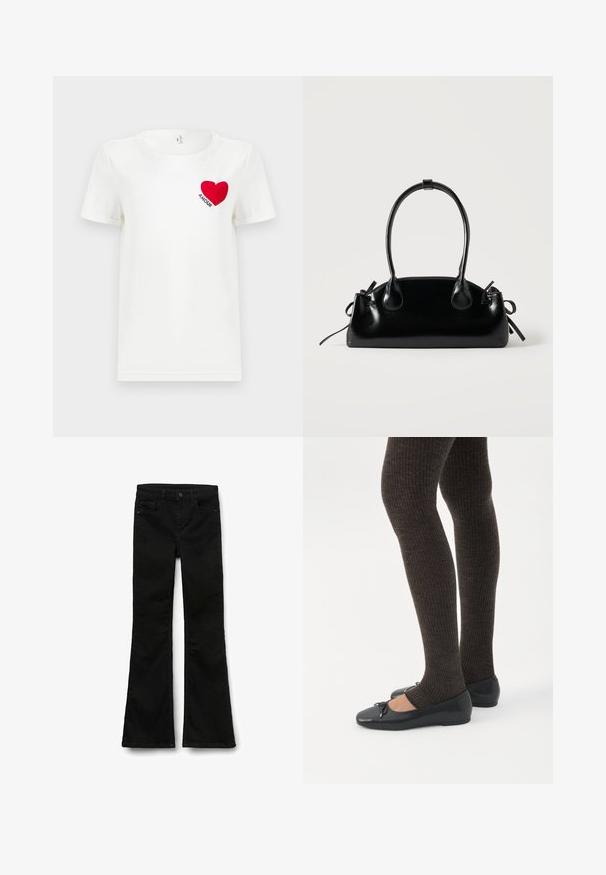 Camiseta blanca de manga corta con un corazón rojo y la palabra "AMOUR" impresa en el área del pecho izquierdo.; Vaqueros acampanados negros de denim con una textura suave, que cuentan con una cinturilla con cierre de botón y bolsillos estándar.; Piernas con leggings oscuros acanalados combinados con bailarinas negras que presentan pequeños detalles de lazo sobre un fondo blanco.; Pequeño bolso negro brillante con dos asas largas y detalles de cordón lateral sobre un fondo claro liso.