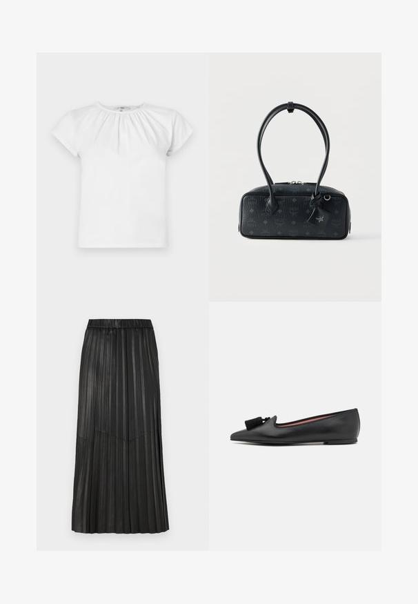 FRAME THE GATHERED TEE - T-shirt basique - white; Jupe plissée noire en matériau synthétique avec une taille élastique et des plis verticaux, présentant un détail de couture en V à l'avant.; Chaussure plate en cuir noir avec un bout pointu, ornée d'un gland décoratif et d'une semelle fine et subtile. L'intérieur a un doublure rouge contrastante.; Sac à main en cuir noir texturé avec de longues anses, une fermeture éclair argentée et une étiquette suspendue de marque.