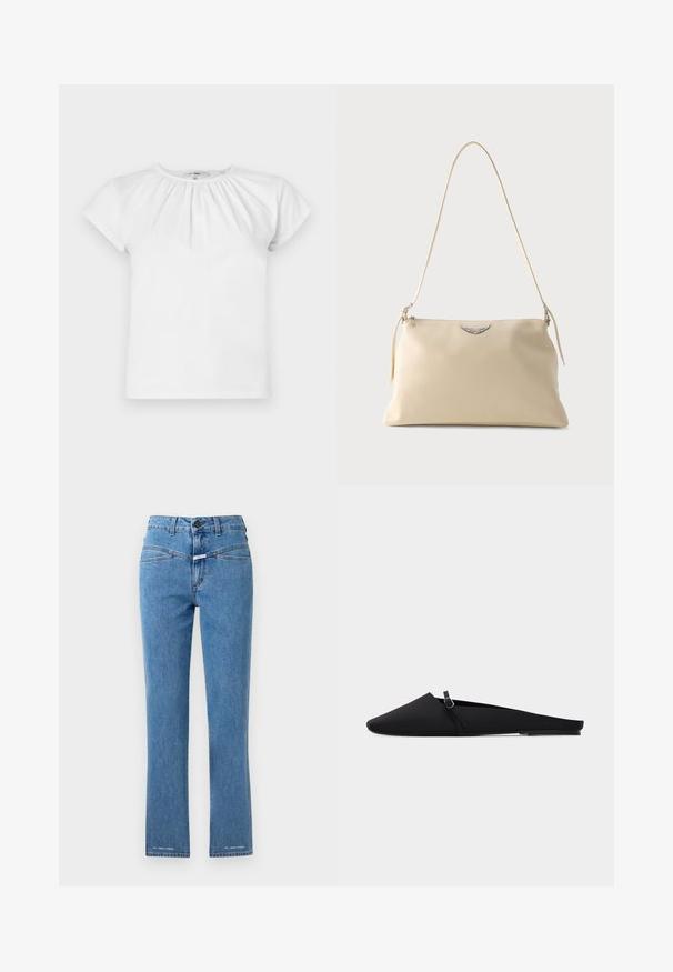 FRAME THE GATHERED TEE - T-Shirt basic - white; Helle blaue Jeans aus Denim mit geradem Bein, hoher Taille und zwei Vordertaschen. Verfügt über einen Knopfverschluss und Markenakzente nahe dem Saum.; Schwarzer, spitz zulaufender flacher Slide-Schuh mit dünnem Riemen und silberner Schnalle, glattem Material und niedrigem Absatz vor weißem Hintergrund.; Cremefarbene Leder-Umhängetasche mit silbernem geflügeltem Emblem und dünnem Riemen vor einfachem Hintergrund.