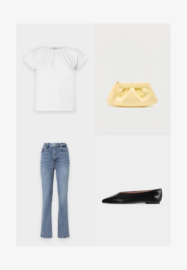 FRAME THE GATHERED TEE - T-shirt basic - white; Hoge taille blauwe spijkerbroek met een recht pasvorm, voorzien van een klassieke vijf-pocketstijl en subtiele stikselaccenten.; Zwarte leren damesschoen met platte zool, puntige neus en lage hak, zijwaarts afgebeeld tegen een effen lichtgrijze achtergrond.; Zacht gele lederen clutch met geplooide details en een smalle polsband, afgebeeld tegen een eenvoudige lichte achtergrond.