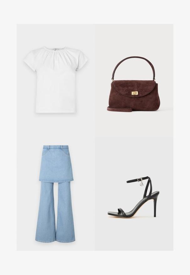 FRAME THE GATHERED TEE - T-Shirt basic - white; Hybrid aus Jeansrock und Hose, aus hellblauem Stoff mit ausgestellten Beinen und sichtbaren Steppnähten. Mit vorderen Taschen und einem Bund gestaltet.; Schwarze High-Heel-Sandale mit schmalem Knöchelriemen, quadratischer Zehenbox, glattem Leder und metallischem Schnallenakzent.; Kleine braune Wildlederhandtasche mit gewölbter Klappe, goldfarbenem Drehverschluss, kurzem Griff und optionalem Schulterriemen auf einfarbigem Hintergrund.
