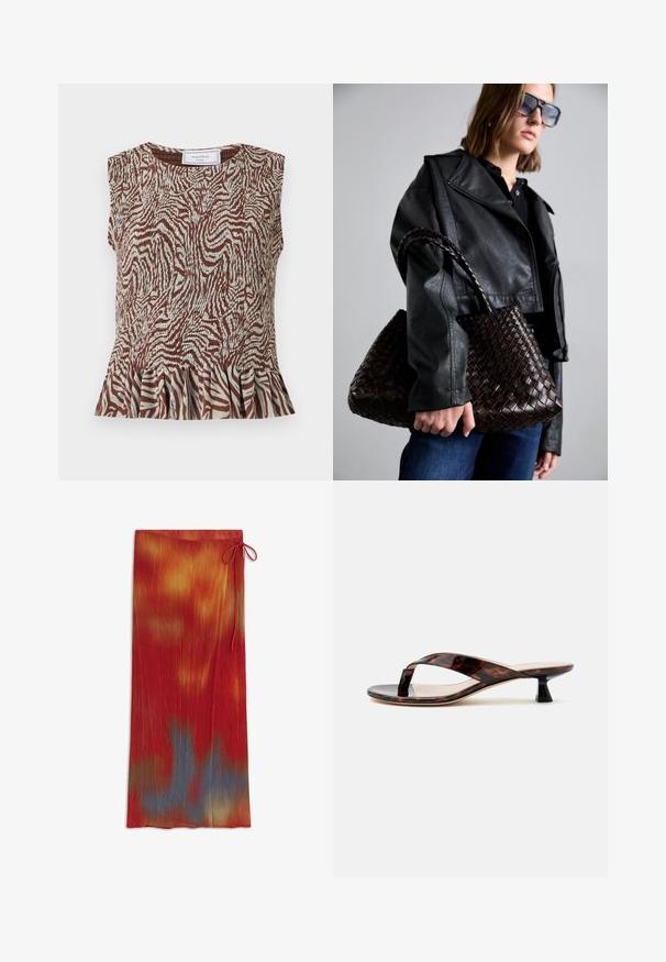 Top sans manches marron et blanc à imprimé zèbre, col rond et ourlet volanté, de House of Sunny.; Jupe longue plissée avec un motif tie-dye rouge, orange, jaune et bleu, avec un nœud noué sur le côté à la taille.; Sandale à talon kitten écaille de tortue marron avec bride entre les orteils et bout carré sur un fond clair uni.; DRAGON DIFFUSION SANTA CROCE BIG - Sac à main - dark brown