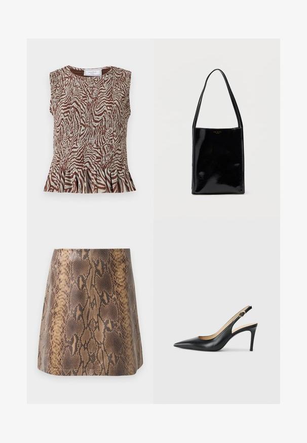 Top sans manches marron et blanc à imprimé zèbre, col rond et ourlet volanté, de House of Sunny.; Jupe mini en simili cuir imprimé serpent marron, avec une texture lisse, une silhouette ajustée et de délicates coutures.; Escarpins en cuir noir avec une pointe fine, une bride ajustable et un talon aiguille élégant, présentant une finition lisse.; Sac cabas en cuir verni noir avec une forme rectangulaire, des bretelles fines pour l'épaule et un logo doré à l'avant. Texture lisse et brillante.