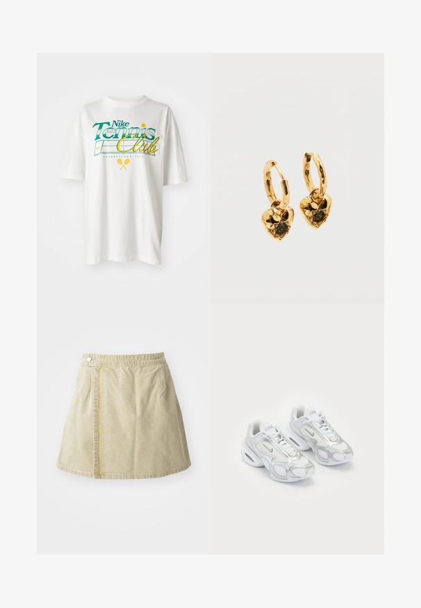 Witte katoenen t-shirt met een groene en gele grafische print, "Nike Tennis Club," met tennismotieven en jaartal 1972.; Khaki mini rok van zacht stof, met een zijsluiting met knopen, een gladde textuur en een licht uitlopende silhouet met een zoomlijn boven de knie.; Witte sportieve schoenen met een bovenwerk van mesh en zilveren accenten, in een unieke vorm en met luchtkussen in de hiel. Gespannen ontwerp met logo.; Gouden creolen met hartvormige hangers. Elk hart heeft een getextureerd oppervlak en een centrale zwarte edelsteen in een klauwzetting.