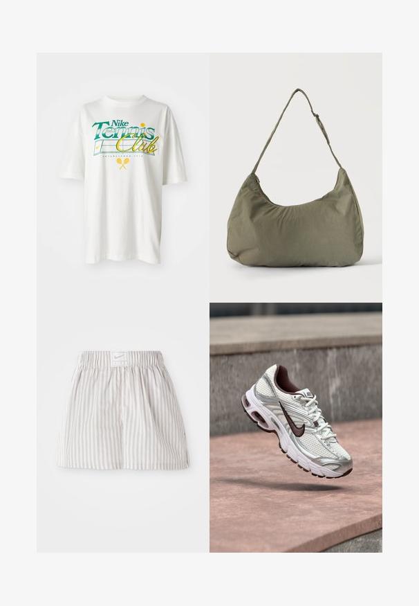 Hvid bomulds T-shirt med et grønt og gult grafisk print, "Nike Tennis Club," med tennismotiver og etableringsår 1972.; Lys grå stribede shorts lavet af blødt stof. Har en elastisk talje med et Nike-logo mærke i midten.; Hvid og sølv Nike løbesko med sort swoosh-logo ophængt over en betonoverflade udendørs.; Skuldertaske i blødt olivengrønt stof med lynlås og justerbar rem på ensfarvet, lyst baggrund.