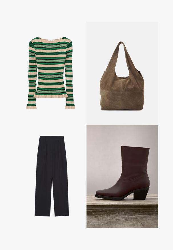 Top de punto beige con canalé y mangas largas, con franjas horizontales verdes y negras, y puños y dobladillo con volantes.; Pantalones anchos negros de tela suave, con pliegues, cinturilla plana y sin bolsillos ni adornos visibles.; Bota de cuero marrón oscuro hasta el tobillo con tacón cuadrado descansando sobre una superficie de madera al aire libre, con un fondo de hierba verde alta.; Bolso hobo de ante marrón con una sola asa para el hombro, textura suave y forma redondeada. Presenta una costura en el medio para un detalle adicional.