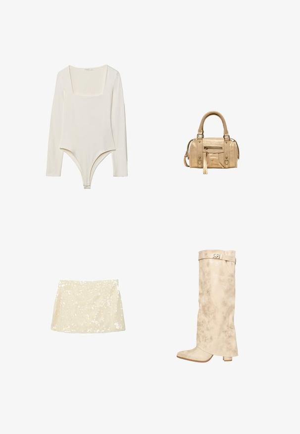 Langærmet bodysuit i lys creme med firkantet halsudskæring, glat tekstur og trykknaplukninger i skridtet for nem påklædning.; Mininederdel i cremefarve dækket af glitrende palietter med en lige kant og ingen synlige lukninger.; Knæhøj creme syntetisk læderstøvle med en subtil glans, tekstureret overflade, blokhæl og en rem med en metallisk spænde øverst.; Stradivarius Håndtasker - beige