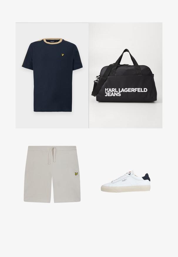 Camiseta azul marino de algodón con escote redondo y mangas cortas. Presenta un borde de color beige y un pequeño logo bordado en dorado.; Pantalones cortos de algodón gris claro con cintura elástica y cordón. Presentan un pequeño logo amarillo en el lado izquierdo. Textura suave.; Zapatilla deportiva blanca de corte bajo con suela beige, cordones blancos, lengüeta trasera negra y logotipo "Pepe Jeans London" en el lateral.; Bolsa de deporte negra fabricada en un tejido suave, con cierre de cremallera y dos asas para llevar. En la parte frontal lleva el texto "KARL LAGERFELD JEANS" en letras grandes y blancas.
