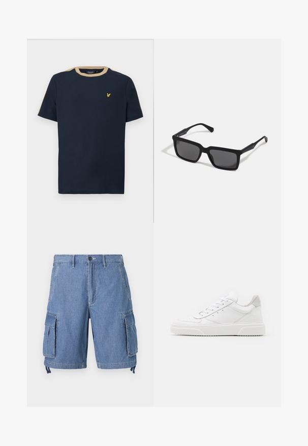 T-shirt bleu marine en coton avec un col rond et des manches courtes. Doté d'une bordure beige et d'un petit logo brodé en or.; Shorts cargo en denim bleu avec une fermeture à bouton, deux poches avant et deux grandes poches latérales à rabat. Comprend des cordons de serrage réglables à l'ourlet.; Des baskets en cuir blanc avec une finition lisse, un bout rond, des lacets plats et une semelle texturée. Accents en daim gris au niveau du talon.; Lunettes de soleil noires avec des verres rectangulaires, finition mate, épaisses montures et branches fines comprenant un subtil détail de marque.