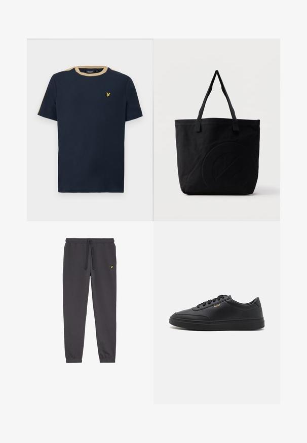 Camiseta azul marino de algodón con escote redondo y mangas cortas. Presenta un borde de color beige y un pequeño logo bordado en dorado.; Pantalones de chándal gris oscuro, hechos de una tela suave, con una cintura elástica con cordón, puños en los tobillos y un pequeño logotipo amarillo en el muslo izquierdo.; Zapatillas de cuero negro con una textura suave, punta redondeada, suela plana de goma y cordones a tono. Presentan el logotipo dorado "BOSS" en el lateral.; Bolsa tote de lona negra con dos correas para el hombro y un diseño circular en relieve sutil en el frente.