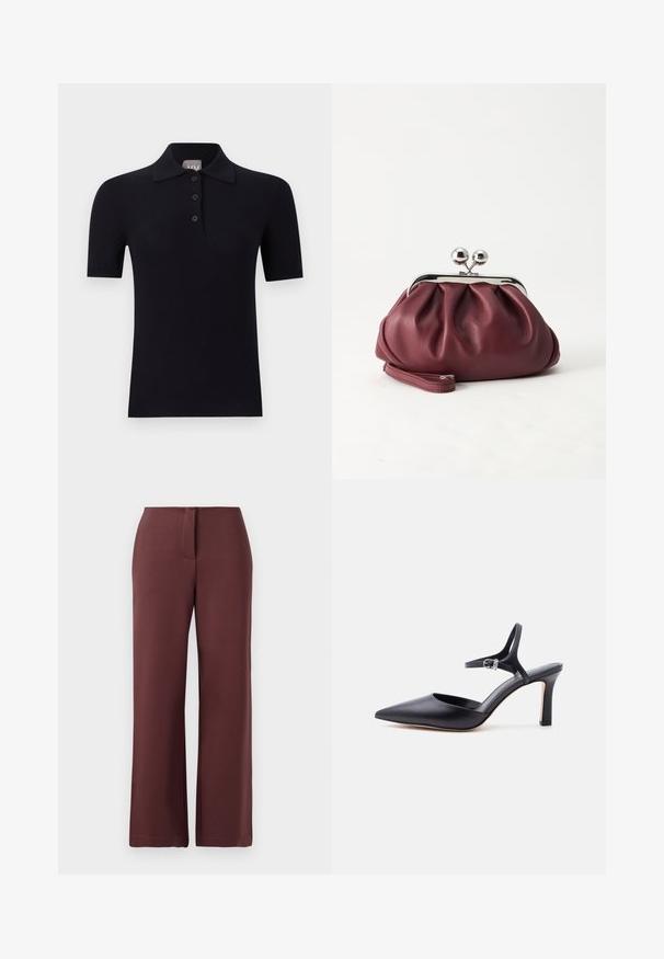 Polo noir à manches courtes avec une patte de boutonnage trois boutons et un col, présenté sur un fond clair uni.; Pantalons larges bourgogne en tissu lisse, dotés d'une fermeture éclair, d'un ajustement sur mesure et de lignes épurées pour un aspect structuré.; Escarpin noir à bout pointu avec fine bride à la cheville et boucle argentée, finition en cuir lisse, chaussure élégante pour femme.; Petit sac pochette en cuir bordeaux avec fermoir métallique argenté et bracelet sur fond blanc.