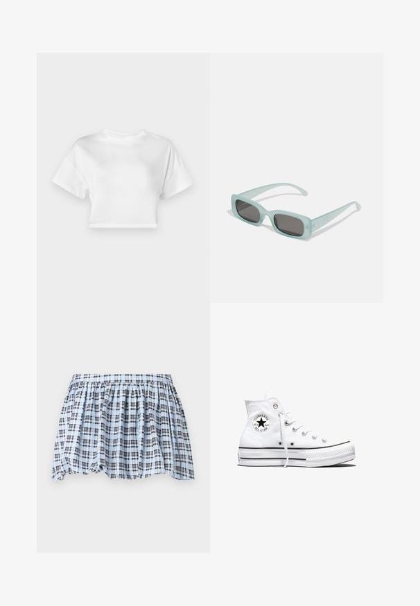 Hvid cropped t-shirt lavet af bomuld. Korte ærmer, rund halsudskæring, glat tekstur, afslappet design uden mønstre eller pynt.; Blå- og hvidternet nederdel med elastisk talje og indsamlet design, med marineblå linjer der skaber et struktureret mønster.; Hvid højtop Converse Chuck Taylor All Star-sneaker med sort logo-patch og hvide snørebånd, vist på hvid baggrund.; Et par rektangulære solbriller med lyseblå gennemsigtige stel og mørkegrå linser, der har lige templer og minimale hardware detaljer.