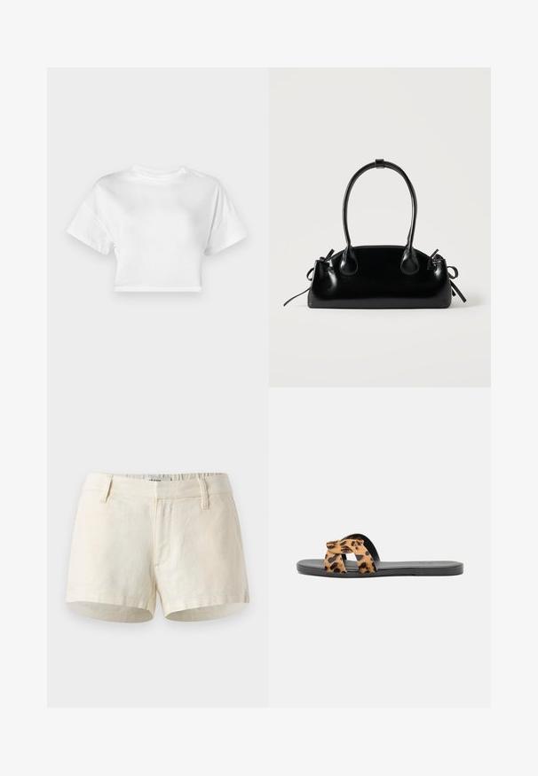 Hvid cropped t-shirt lavet af bomuld. Korte ærmer, rund halsudskæring, glat tekstur, afslappet design uden mønstre eller pynt.; Lys beige shorts lavet af linned. Har en flad talje, frontlommer og en ren kant. Simpelt, minimalistisk design.; Sandale i leopardprint med krydsremdesign, sort sål, glat tekstur og blødt materiale, ideel til afslappet brug.; Lille sort blank håndtaske med to lange håndtag og snøre-detaljer i siden på en ensfarvet lys baggrund.