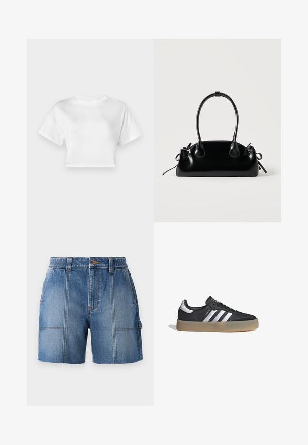 Hvid cropped t-shirt lavet af bomuld. Korte ærmer, rund halsudskæring, glat tekstur, afslappet design uden mønstre eller pynt.; Lysblå denim shorts med rå kant, der har en tætsiddende talje, bæltesløjfer og to forlommer.; Sort læder atletiksko med tre sølvstriber, en struktureret tå og en gummisål. Har en polstret krave og snørebåndsdesign.; Lille sort blank håndtaske med to lange håndtag og snøre-detaljer i siden på en ensfarvet lys baggrund.