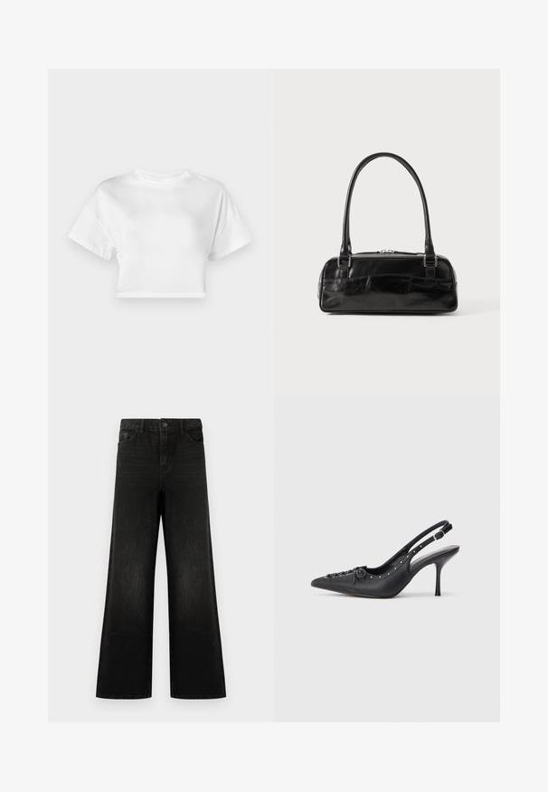 T-shirt blanc court en coton. Manches courtes, col rond, texture lisse, design décontracté sans motifs ni embellissements.; Jean noir à jambes larges en denim, avec une fermeture à bouton sur le devant, des passants de ceinture et quatre poches, au toucher lisse et avec un léger délavage.; Escarpin en cuir noir à talon aiguille avec un bout pointu, une bride latérale à boucle, des clous le long du bord et un laçage décoratif à l'avant.; Sac à main en cuir noir de forme rectangulaire, doté d'une seule ansse structurée, de quincaillerie argentée et d'une fermeture éclair. Texture lisse.