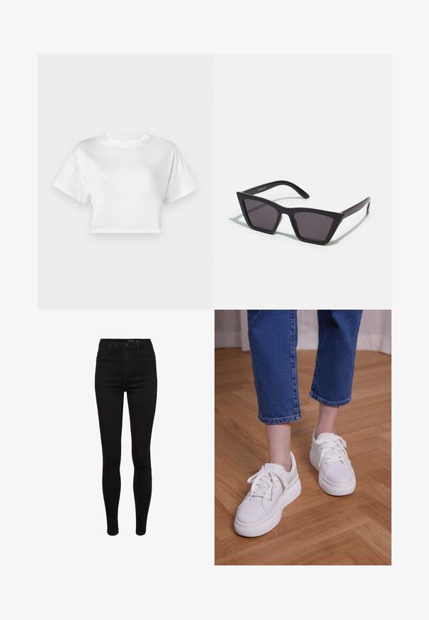 Witte cropped t-shirt van katoen. Korte mouwen, ronde halslijn, gladde textuur, casual ontwerp zonder patronen of versieringen.; Zwarte denim skinny jeans met een hoge taille, vijf-pocket ontwerp, riemlussen en subtiele stikdetails. Glad textuur, figuurvormende pasvorm.; Benen met cropped blauwe jeans en witte vetersneakers met plateauzool, staand op een lichte houten vloer.; Zwarte, hoekige zonnebril met grijze lenzen; gemaakt van plastic, met dikke armen met een gladde oppervlakte en zonder zichtbare hardware.