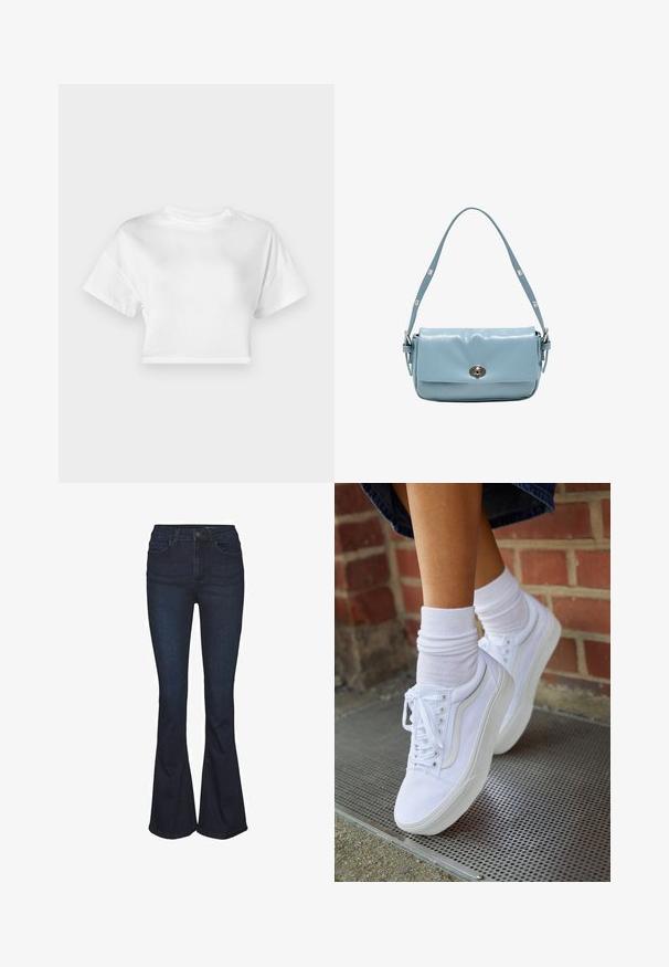 Hvid cropped t-shirt lavet af bomuld. Korte ærmer, rund halsudskæring, glat tekstur, afslappet design uden mønstre eller pynt.; Mørkeblå jeans i denim med vidde og højtaljet, der har fem lommer og diskrete syningdetaljer. Glat tekstur med et klassisk design.; Hvide lærreds sneakers med gummisåler, der har seks snørehuller, rund tå og let sømdetaljer, krydret med hvide ankelstrømper.; Lyseblå læder skuldertaske med justerbar rem og sølvfarvet drejelås på frontklappen.