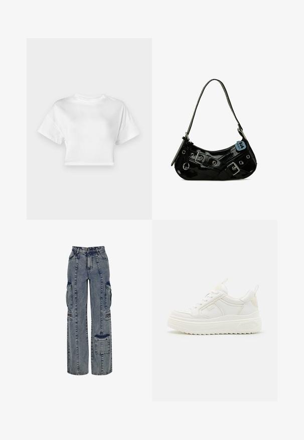 Hvid cropped t-shirt lavet af bomuld. Korte ærmer, rund halsudskæring, glat tekstur, afslappet design uden mønstre eller pynt.; Denim cargo bukser i lyseblå. Har vide ben, flere sidelommer og kontrasterende mørke denim detaljer. Struktureret med synlige sømme.; Hvide lædersneakers med en kraftig sål, snørebåndsdesign og subtil branding. Har en glat overflade og rund tå.; Sort lakeret skuldertaske med en buet form, udsmykket med sølvhardware, dekorative spænder og en kort rem. Blå mærkat vedhæftet.