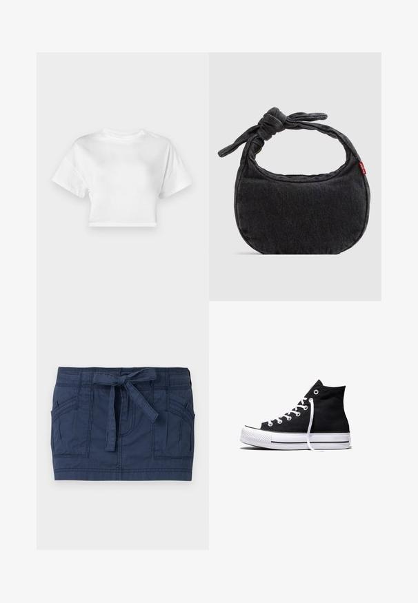 T-shirt blanc court en coton. Manches courtes, col rond, texture lisse, design décontracté sans motifs ni embellissements.; Mini-jupe bleu marine avec grandes poches avant et ceinture en tissu nouée à la taille, en coton texturé.; Baskets montantes en toile noire avec semelle en caoutchouc blanche et lacets blancs, vues de côté sur un fond blanc.; Petit sac d'épaule en denim noir avec une sangle nouée et une fermeture éclair, arborant une étiquette en tissu rouge Levi's sur le côté.