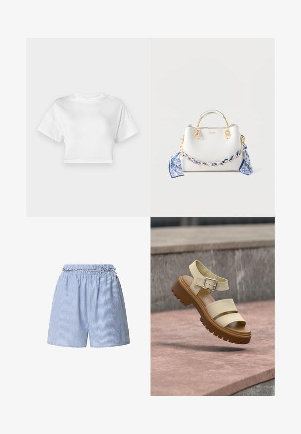 Hvid cropped t-shirt lavet af bomuld. Korte ærmer, rund halsudskæring, glat tekstur, afslappet design uden mønstre eller pynt.; Blå stribede shorts med elastisk talje og et flettet snor. Har vertikale hvide striber og et afslappet design.; Beige lædersandal med to remme og ankelspænde, tyk brun sål med kraftigt mønster, placeret i luften over en stenet overflade.; Hvid taske med guldfarvet håndtag, flettet kæderem snoet med blåt og hvidt blomsterstof samt lille guldfarvet logo foran.