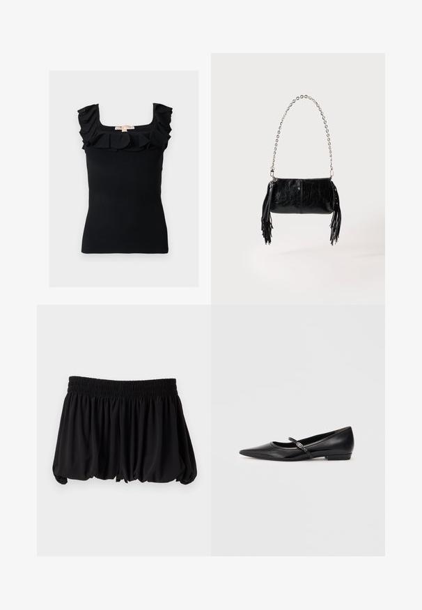 Haut noir sans manches en maille côtelée avec col carré et bordure à volants sur les épaules et le haut de la poitrine.; Mini-jupe noire avec un ourlet bouffant et une large ceinture élastique froncée sur un fond clair uni.; Ballerines en cuir verni noir avec un bout pointu, une bride de cheville et un matériel décoratif. Texture lisse et design à talon bas.; Petit sac à main en cuir noir avec bandoulière chaîne argentée et pompons en cuir noir de chaque côté, sur un fond clair uni.