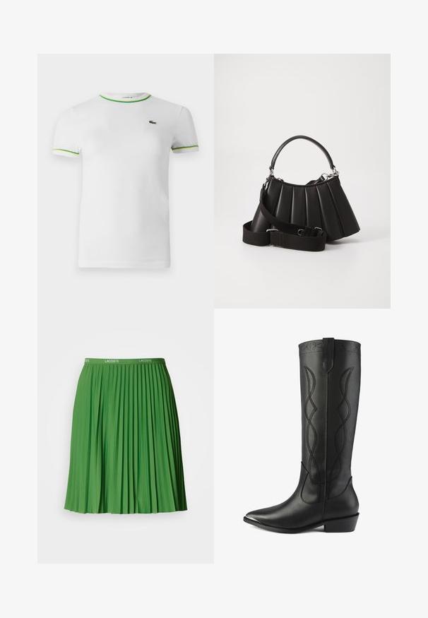 T-shirt en coton blanc avec des manches courtes, un col rond et des accents ribbed verts et jaunes au col et aux bords des manches. Logo Lacoste sur la poitrine.; Jupe plissée verte avec une taille élastique arborant le logo Lacoste. Fabriquée en matériau lisse, elle présente des plis verticaux distincts et une coupe à hauteur du genou.; Des bottes noires en cuir hautes présentent un bout pointu, un talon carré et des coutures décoratives avec des lignes entrelacées le long de la tige.; Sac à main plissé noir avec une poignée arrondie, une bandoulière réglable et une texture brillante. Présente des accessoires en argent et une silhouette structurée.