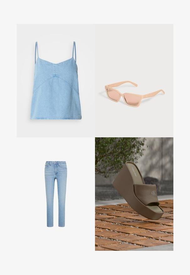 Top de tirantes finos en denim azul claro, con escote en V y detalles de costuras geométricas. Textura suave y corte ligeramente relajado.; Vaqueros de mezclilla azul claro, corte recto, estilo de cinco bolsillos, con cierre frontal de botón y cremallera, con sutiles detalles de desgaste y costuras.; Sandalia de plataforma tipo slide marrón de Calvin Klein con tira de tela y logo "ck" en relieve sobre suelo de baldosas de madera al aire libre.; Gafas de sol rectangulares color melocotón claro con montura gruesa y lentes tintadas a juego sobre un fondo claro y liso.